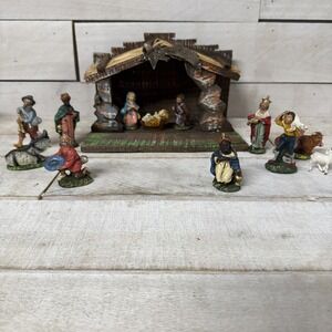 Vintage 13 Piece Italian Christmas Nativity Set Hand Painted Resin Made In Italy